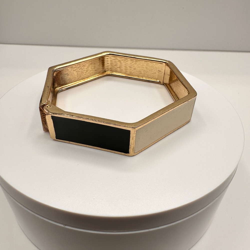 Vintage Y2K Hexagon Bangle Bracelet Gold Tone Black & Cream Enamel Statement